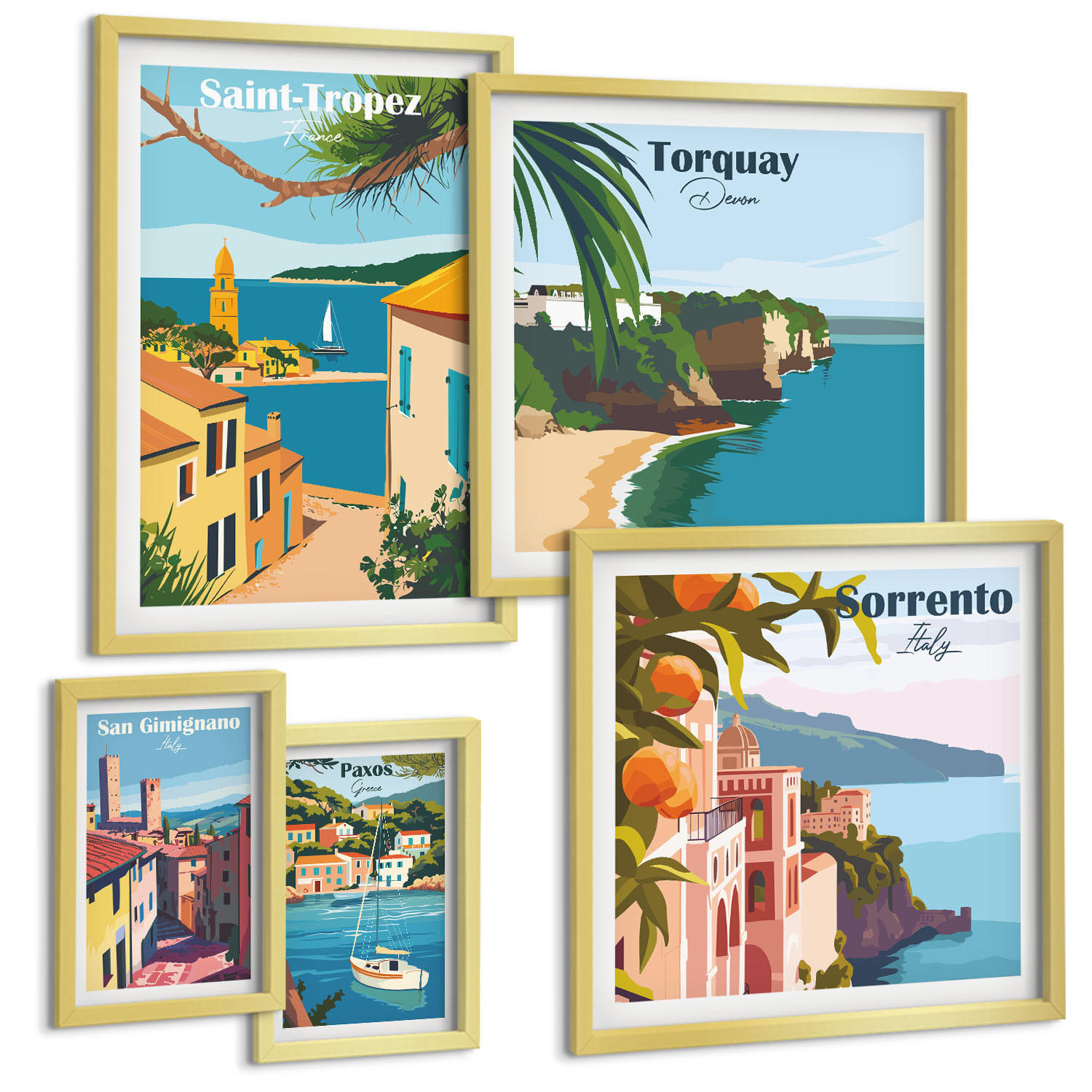 BILDER SET 5er Set - 50x50 cm & 20x30 cm & 40x60 cm Goldrahmen - Retro-Illustrationen von Weltstädten - Goldfarben, Kunststoff (40/60cm) - TULUP