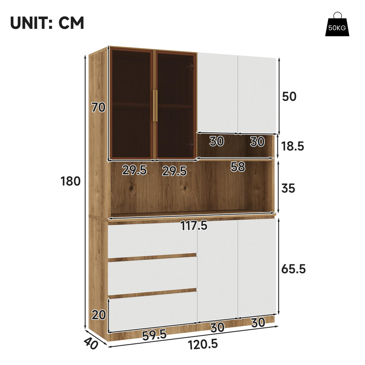 BUFFET SCHRANK LED 6 Türen 3 Schubladen 180cm Weiß - Weiß, Glas (120.5/180/40cm) - FLIEKS