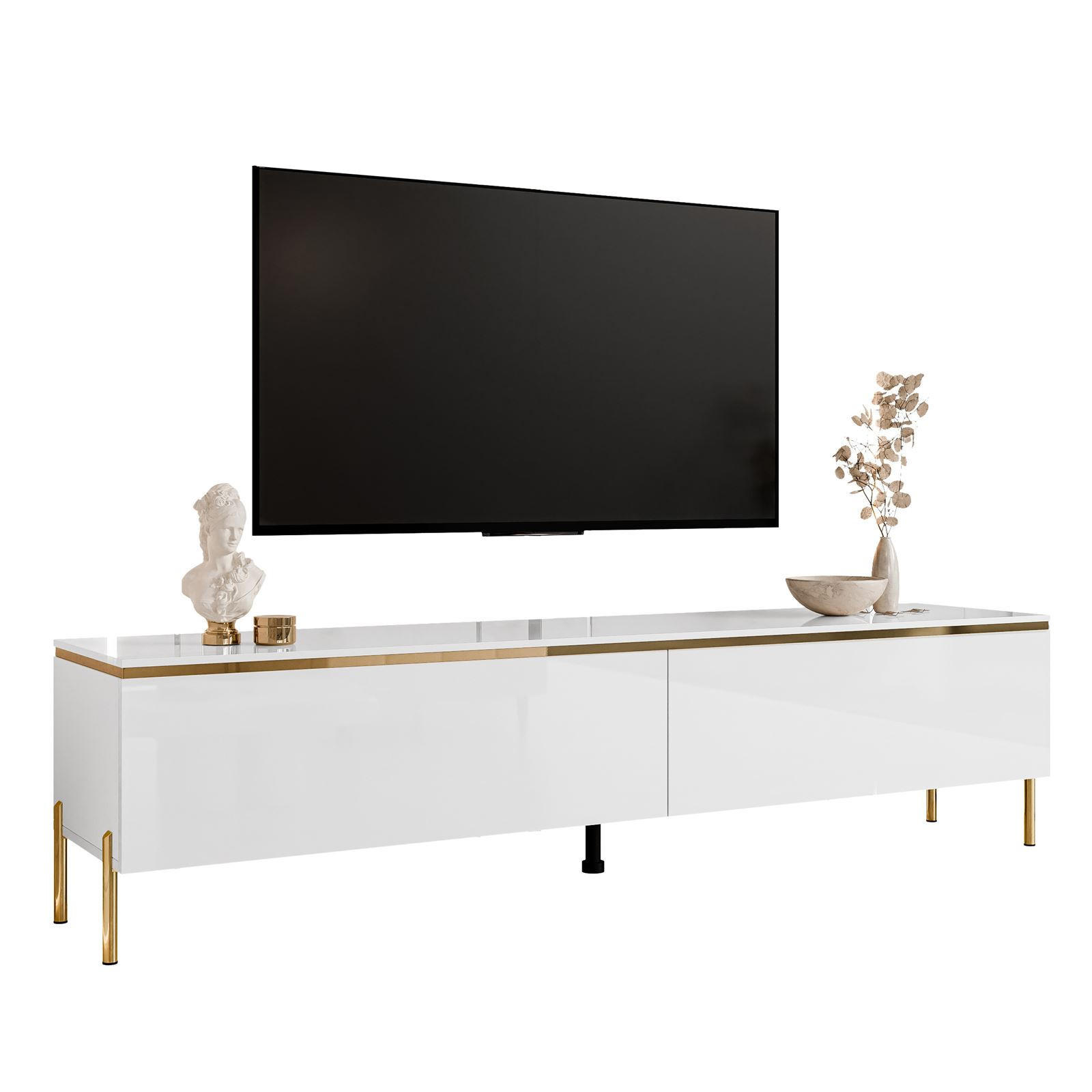 TV-LOWBOARD AURORA Weiß mit gerade Goldchrom Fuße - Weiß Hochglanz/Goldfarben, Holzwerkstoff/Metall (180/46/40cm) - Lookway