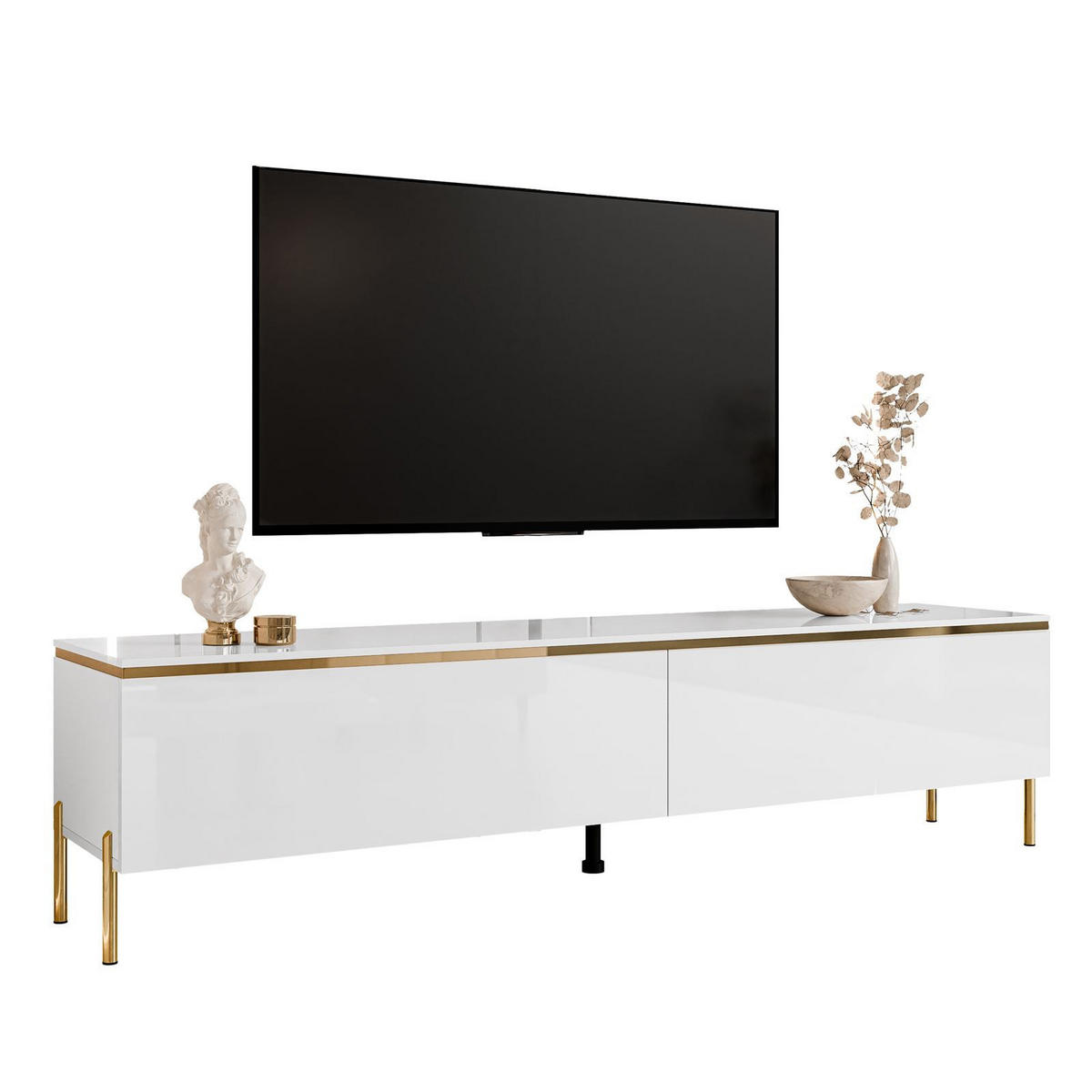 TV-LOWBOARD AURORA Weiß mit gerade Goldchrom Fuße - Weiß Hochglanz/Goldfarben, Holzwerkstoff/Metall (180/46/40cm) - Lookway