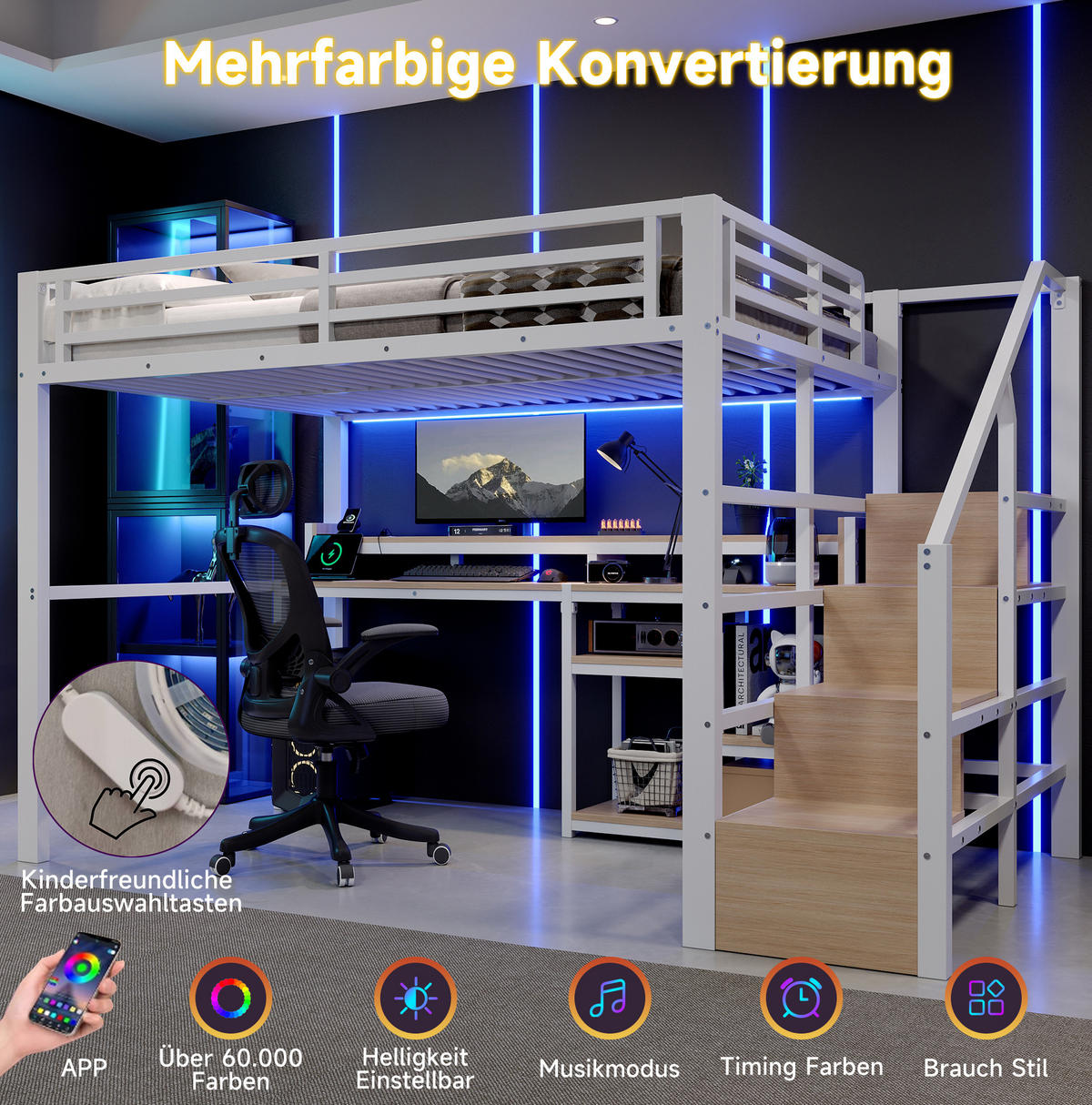HOCHBETT MDF Metall 140x200 cm Weiß mit Leiterschrank, USB + Typ-C und LED-Lichtleiste - Weiß, Holzwerkstoff (140/200cm) - Modfu