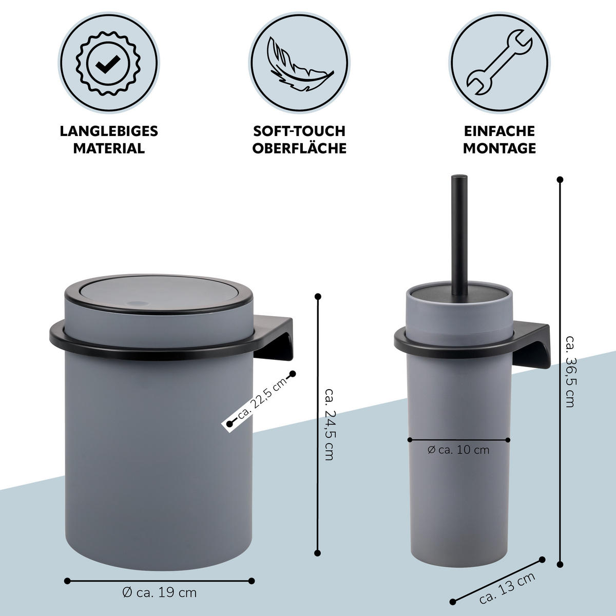 WC-GARNITUR 2-TLG. Bürste u. Eimer SAVONA Softtouch inkl. Wandhalterung, rund - grau - Grau, Kunststoff (19/24.5/19cm) - bremermann