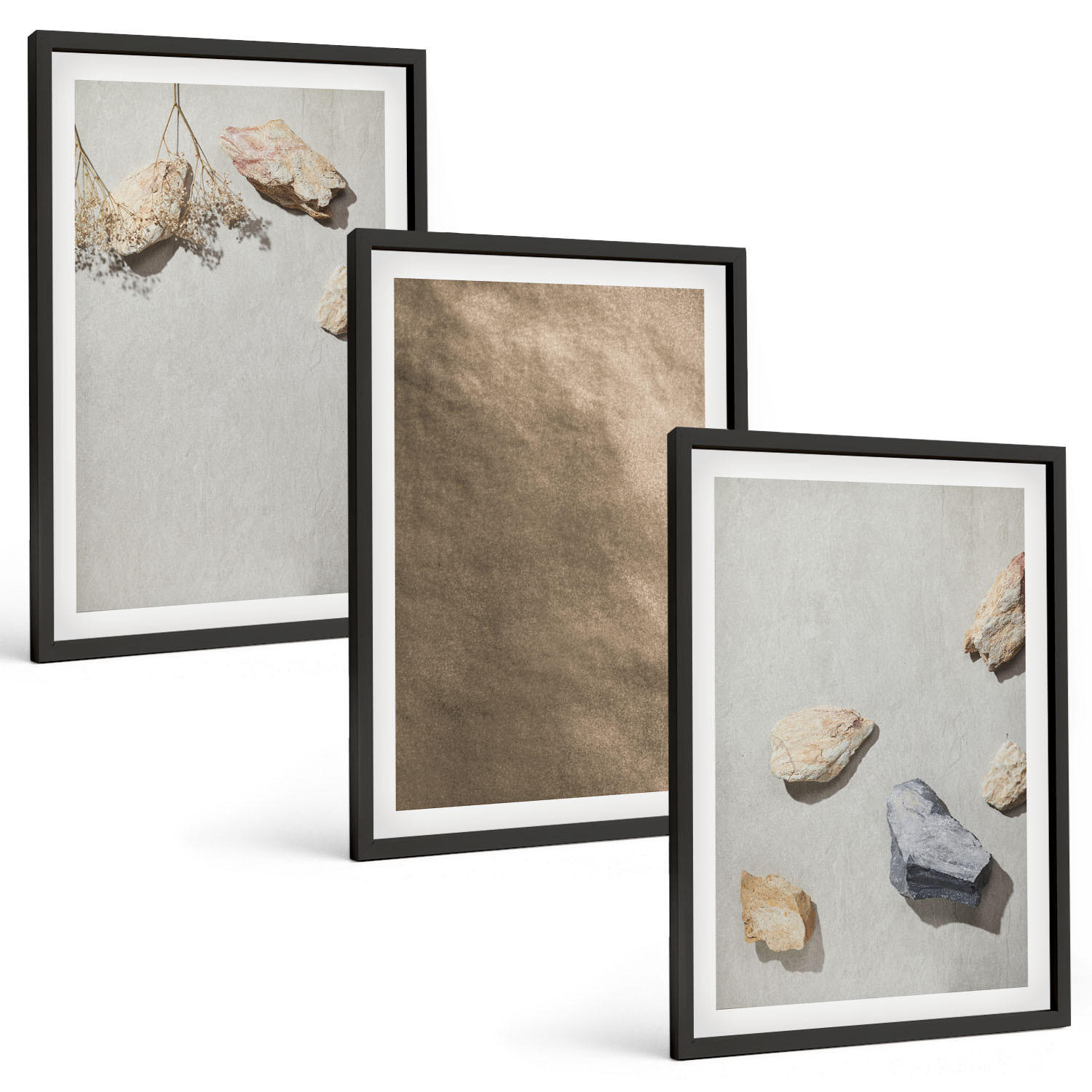 BILDER SET 3er Set - 40x60 cm Schwarzer Rahmen - Steine Strand natürliche Strukturen - Schwarz, Kunststoff (40/60cm) - TULUP
