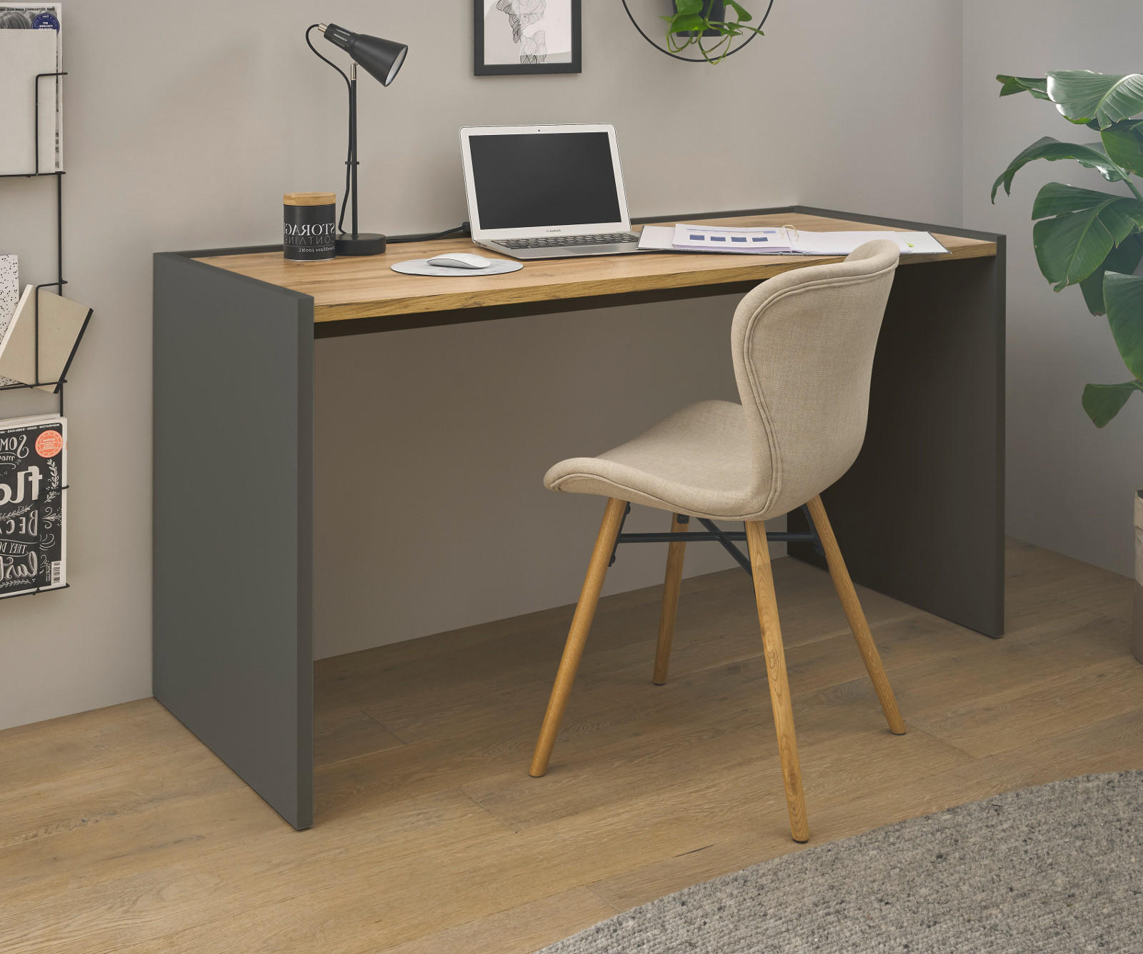 SCHREIBTISCH grau matt, Eiche Wotan 143 x 62 cm, Laptoptisch mit großer Arbeitsfläche - Eiche Wotan/Schwarz, Holzwerkstoff/Kunststoff (143/62/76cm) - Furn.Design