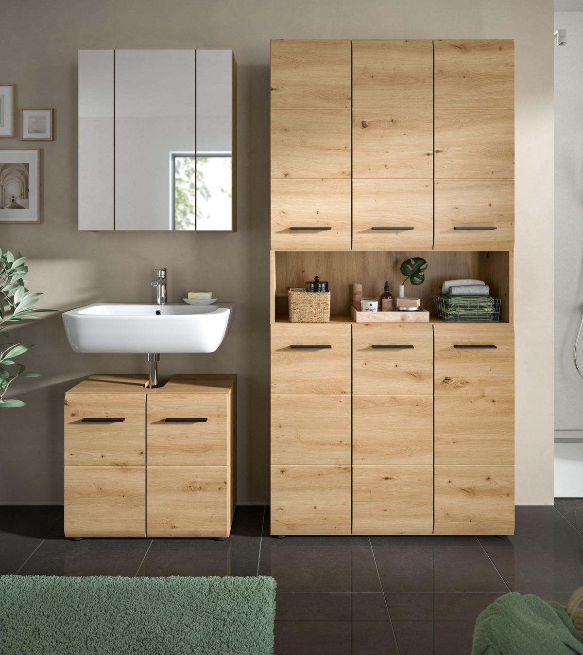 BADMÖBEL-SET 3-teilig in Artisan Eiche, Badkombination 165 x 185 cm, Cover - Eichefarben/Schwarz, Glas/Holzwerkstoff (165/185/30cm) - Inn.Furn