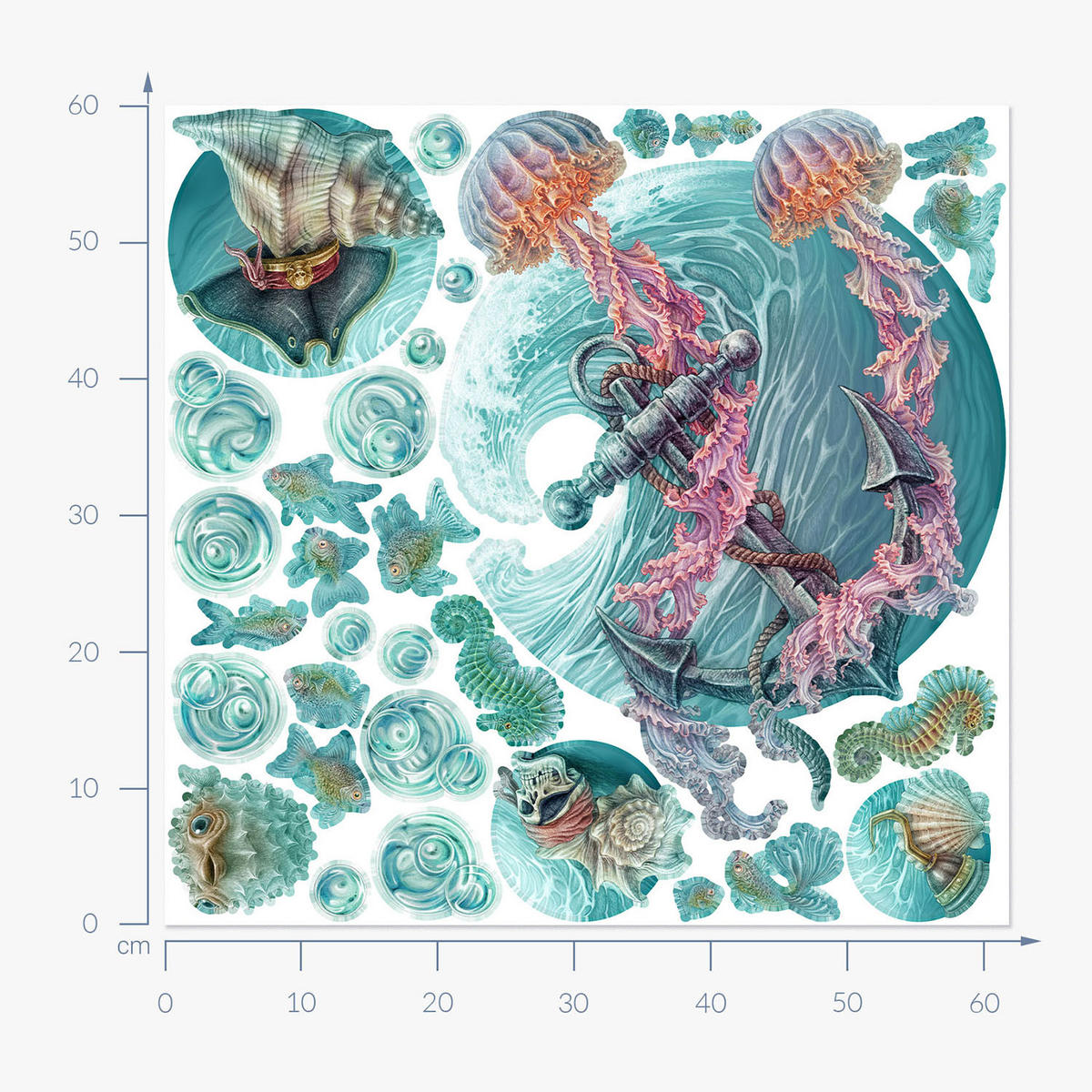 WANDAUFKLEBER 60x62cm - Die Welt der Quallen - Multicolor, Kunststoff (60/62/0.1cm) - Wallfluent
