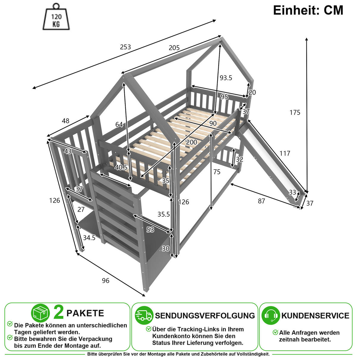 ETAGENBETT 90/200 cm in Grau mit Rutsche, Stauraumtreppe und Hausbett-Design - Grau, Holz/Holzwerkstoff (90/200cm) - CHICFURN