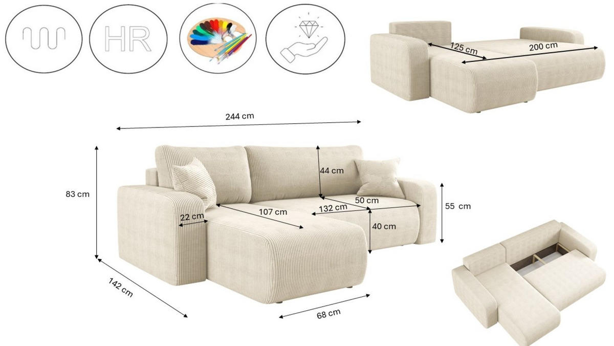 ECKSOFA L-FORM Schlaffunktion Und Bettkasten Eckcouch MILANO L Stoff Dicker Cord Ecru Links - Ecru, Holz/Textil (142/244cm) - Kaiser Möbel