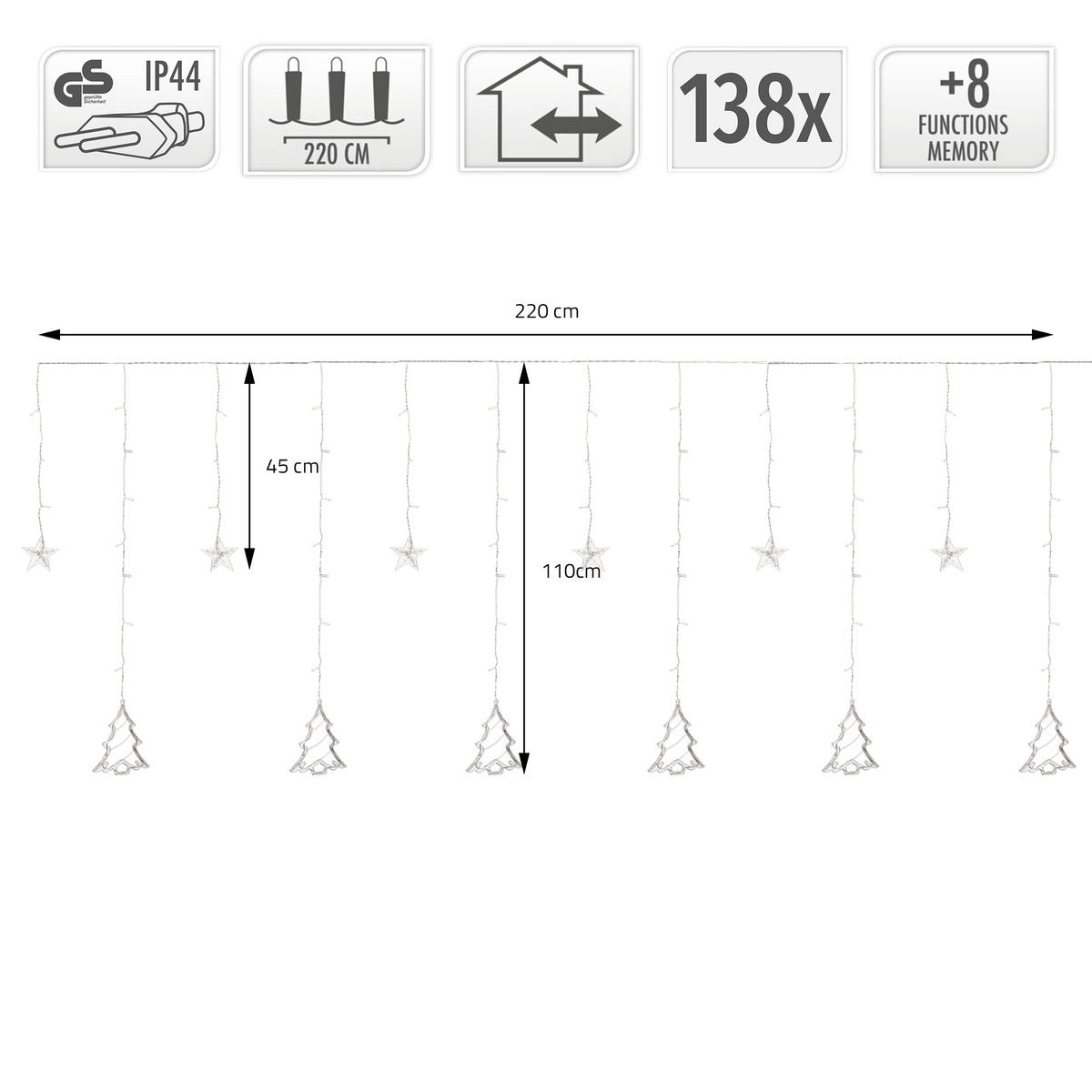 SVĚTELNÝ ŘETĚZ záclona 220 cm se 138 LED diodami teplá bílá - průhledná, plast (420cm) - ECD-Germany