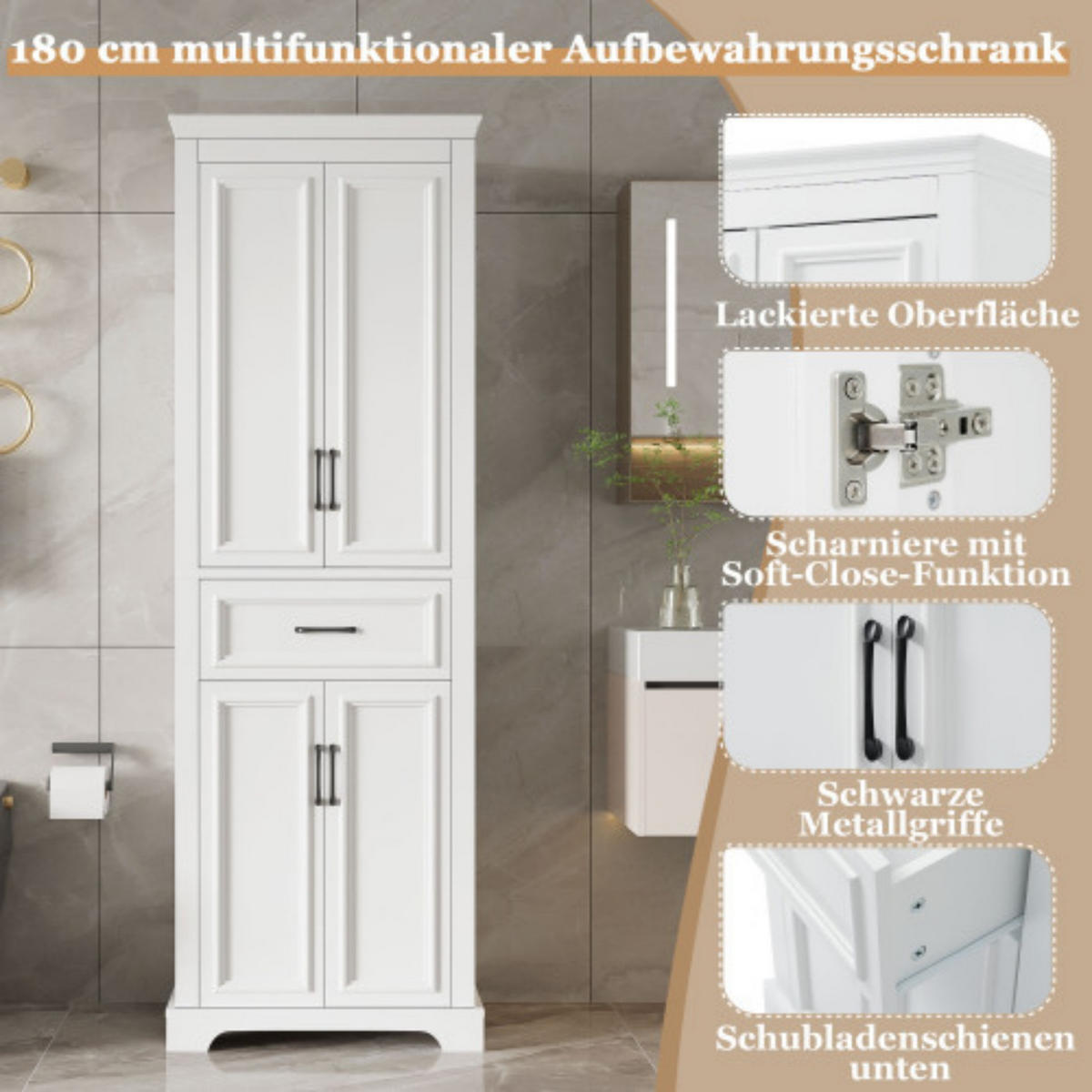 BADEZIMMERSCHRANK Hochschrank 60x40x180 cm Weiß aus MDF mit Türen, Schublade und verstellbaren Einlegeböden - Weiß, Holzwerkstoff (60/180/40cm) - Modfu