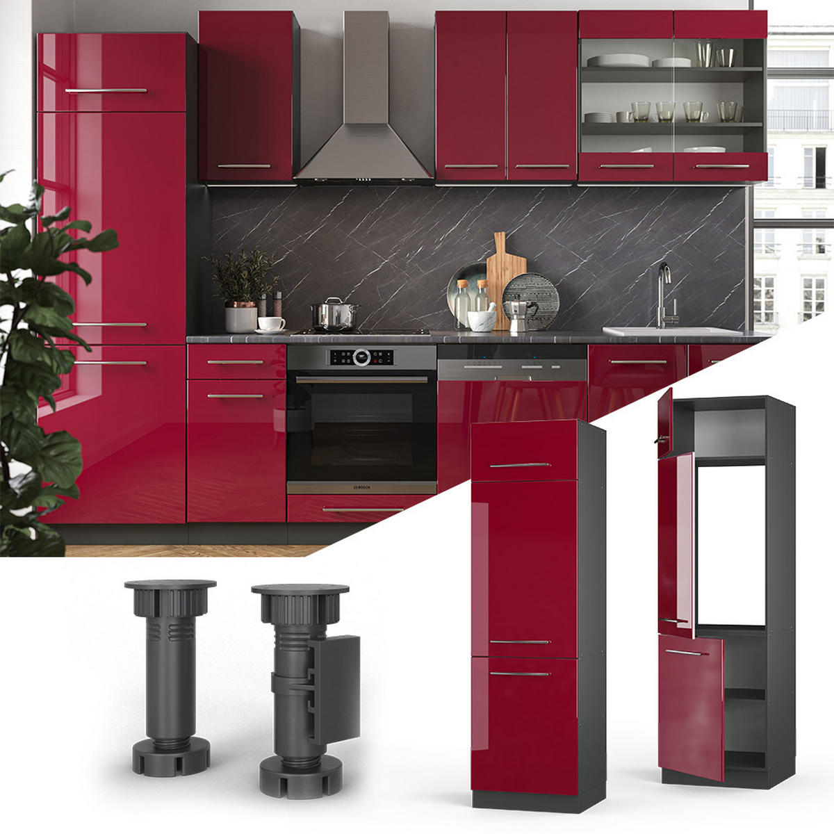 KÜCHENSCHRANK Fame-Line Bordeaux Hochglanz 60 cm - Bordeaux/Anthrazit, Holzwerkstoff (60/206.8/58.1cm) - Vicco