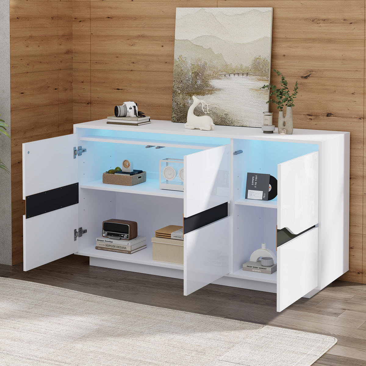 SIDEBOARD LED Weiß Schwarz 3 Türen 140x40x70cm Hochglanz Stauraum - Weiß, Holzwerkstoff (40/70/140cm) - FLIEKS