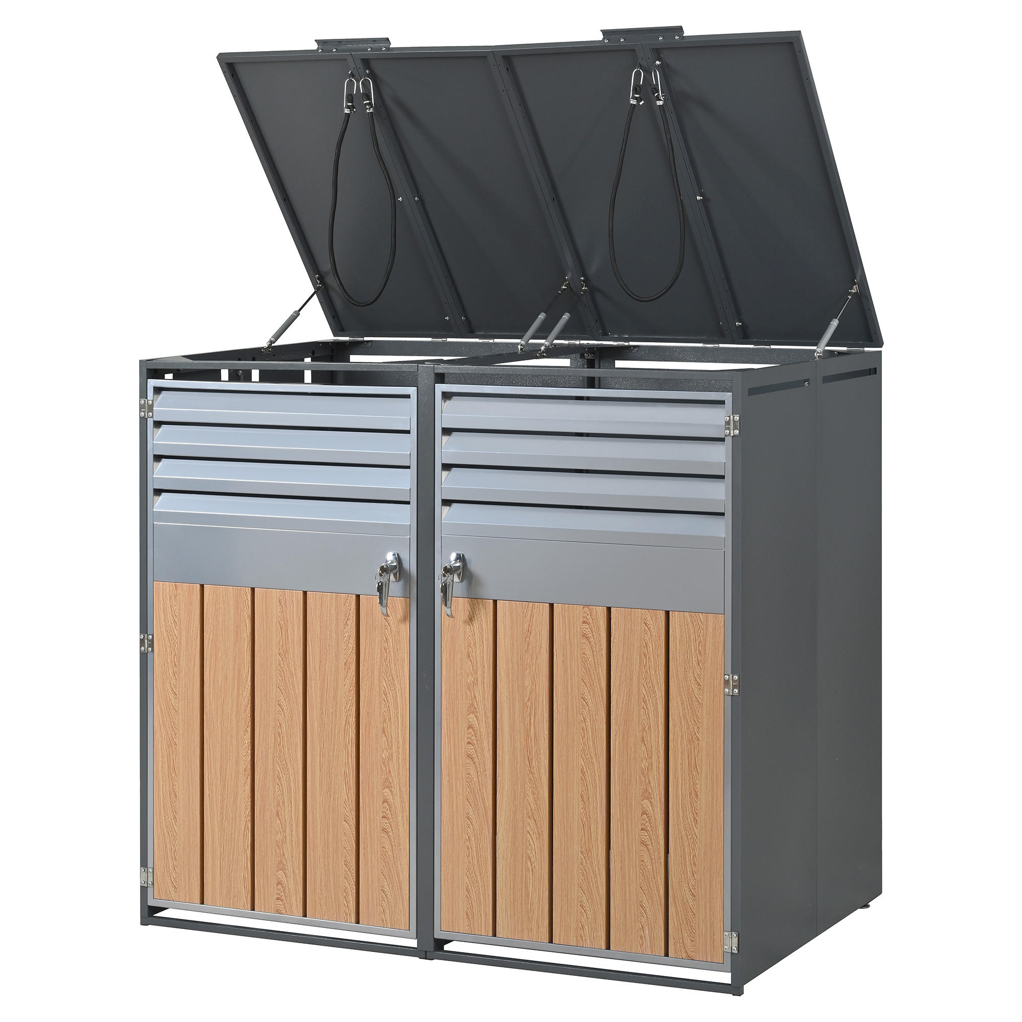 MÜLLTONNENBOX Zweiteilig Holzmaserung Grau - Grau, Metall (132/118.5/80cm) - ComfortXL