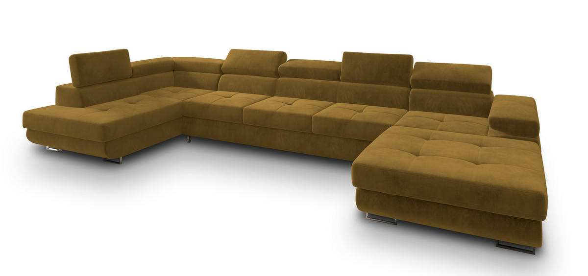 WOHNLANDSCHAFT TORIVA L-S Gelb Velours-Stoff mit Schlaffunktion - Gelb, Holz (418/90/202cm) - MASSENO