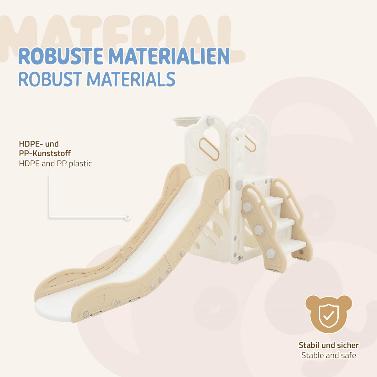 KINDERRUTSCHE 3 in 1 Kleinkinderrutsche mit Turm und Basketballkorb Weiß-Beige - Beige, Kunststoff (153/85.5/91cm) - Joyz