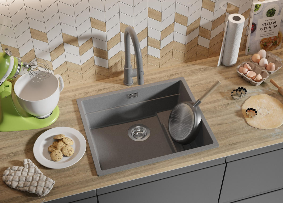 SPÜLBECKEN Praga Slim, 2-er set Grau 56/47 cm 1 Becken + Ablauf-Set + Aufrollbare Abtropffläche ab 60er Unterschrank - Chromfarben/Grau, Kunststoff (56/20/47cm) - Primagran