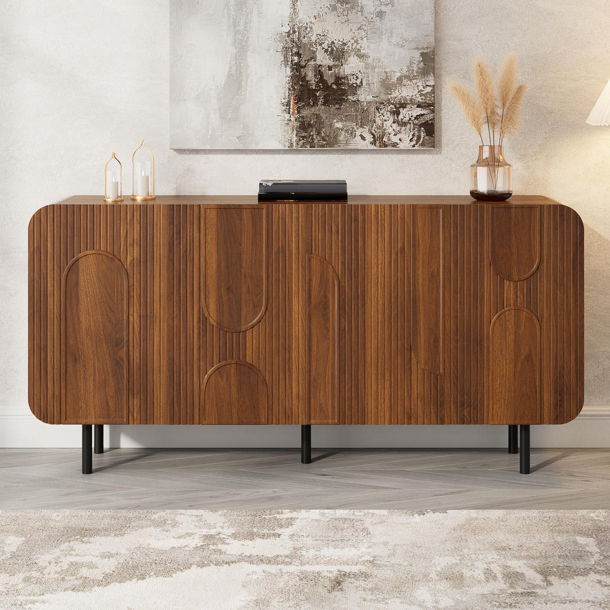 NIZKA OMARICA Komoda Mid-Century s 4 vrati, 8 predali, nastavljivimi policami, MDF in iverno ploščo - rjava, leseni material (160/79/40cm) - EVRYAE