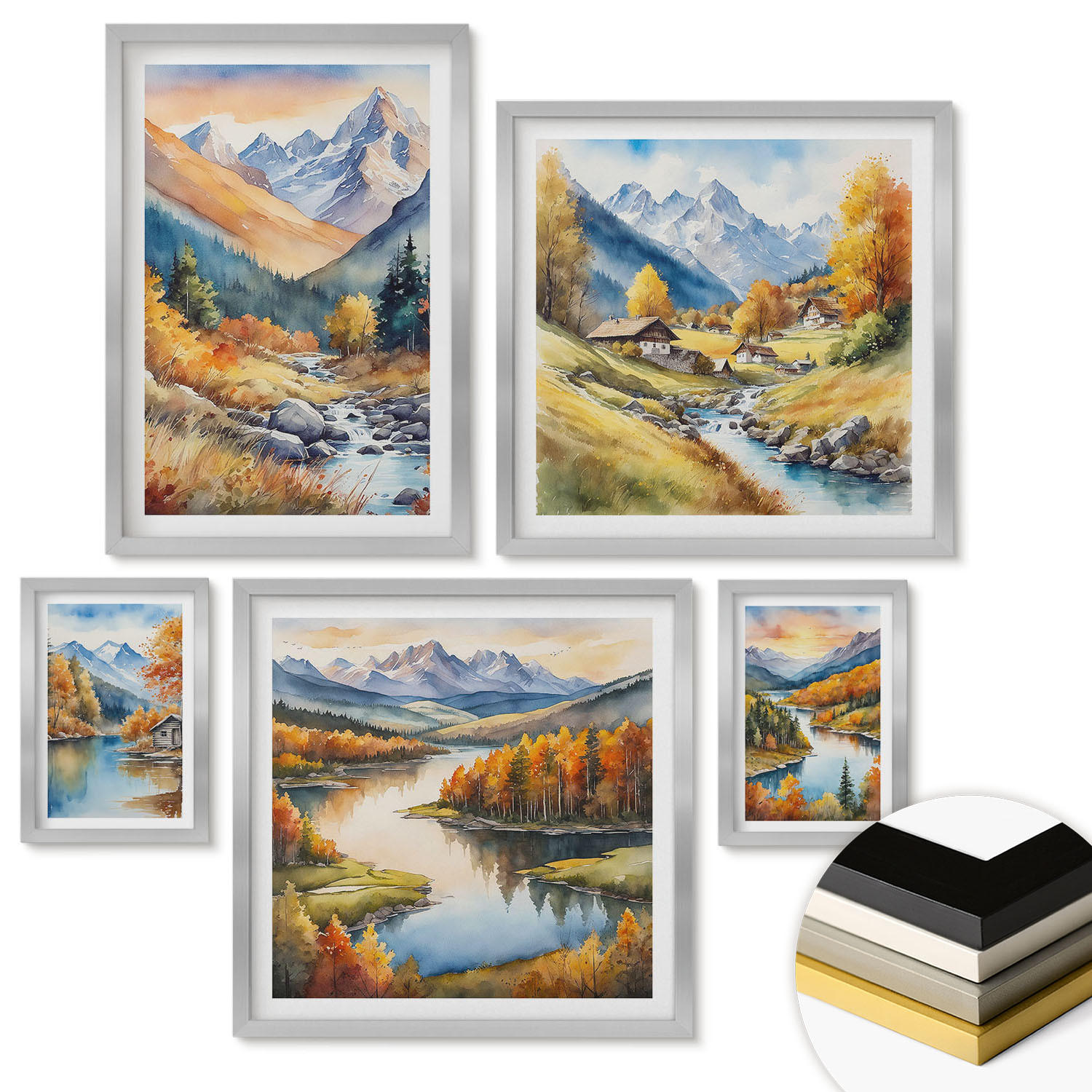 WANDBILDER 5er Set - 50x50 cm & 20x30 cm & 40x60 cm Silberner Rahmen - Ansichten der Zitronenarchitektur von Positano - Silberfarben, Kunststoff (40/60cm) - ArtPrintCave