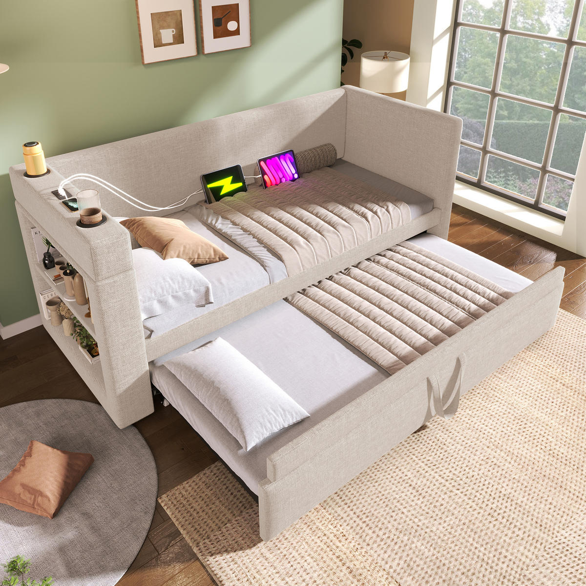 ROZKLÁDACÍ postel 90/190 cm béžová z bavlny a lnu s výsuvným lůžkem a USB nabíjením - béžová, textil (90/190cm) - OKWISH