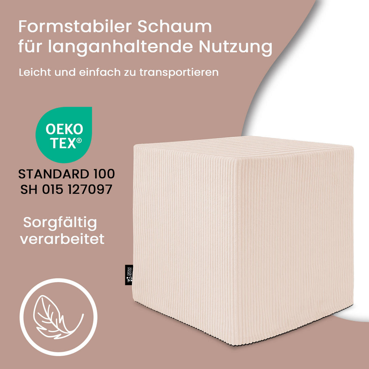 SITZSACK QUBIK HOCKER Sitzwürfel 50/50/50 cm Cord Vanilla Ice - Creme, Textil (50/50/50cm) - Dreamroots