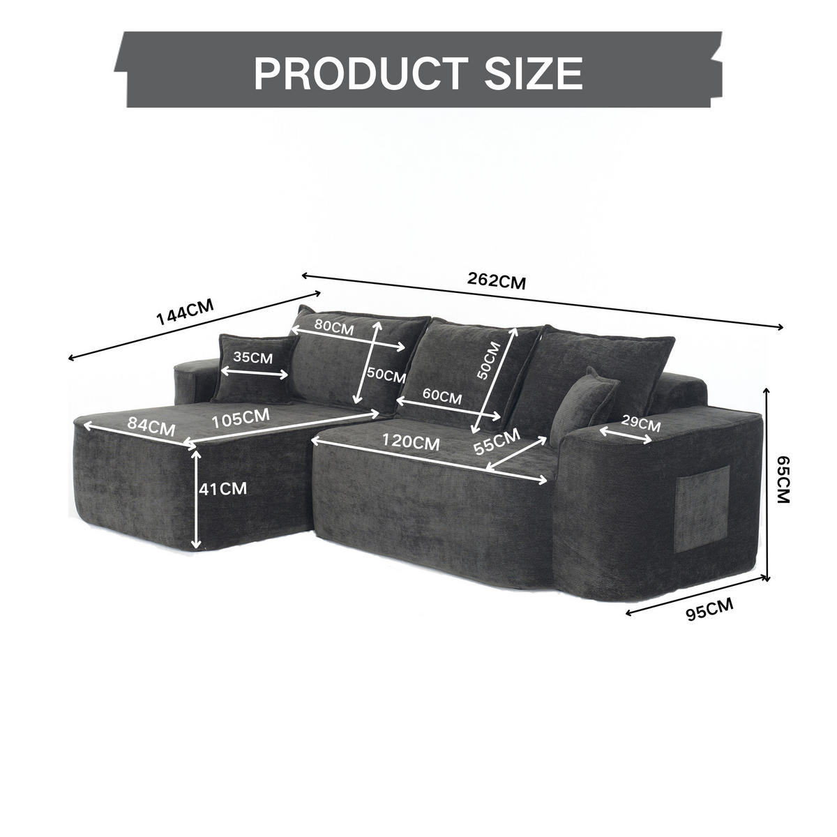 ECKSOFA 262/144/65 cm schwarz aus Chenille mit Chaiselongue und modularem Design - Schwarz, Textil (144/262cm) - OKWISH