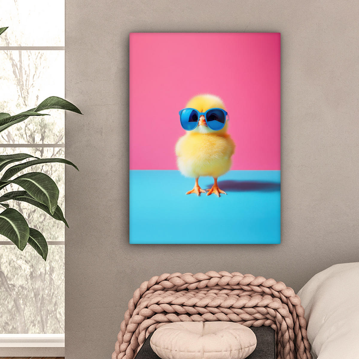 LEINWANDBILD Chick - Sonnenbrille - Blau Wandbild Wohnzimmer 60x80 cm - Pink/Gelb, Textil (60/80cm) - MuchoWow