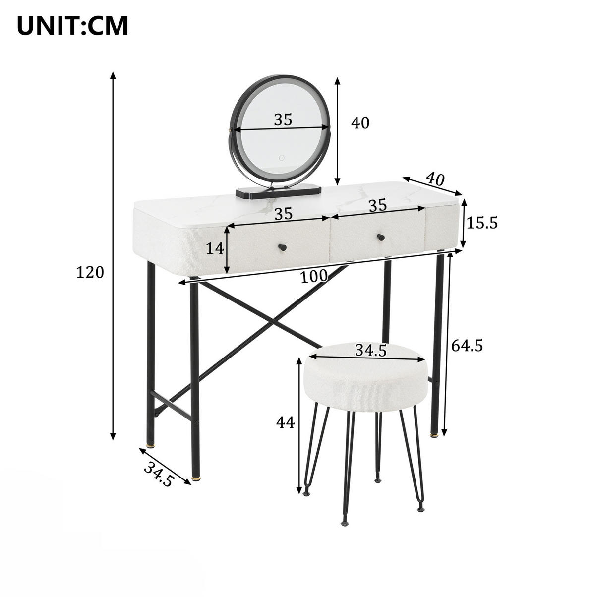 STOL za šminkanje s LED ogledalom, 100/40/120 cm, bijeli, s tabureom i 2 ladice - bijela, drvni materijal (40/120/100cm) - BEAOK