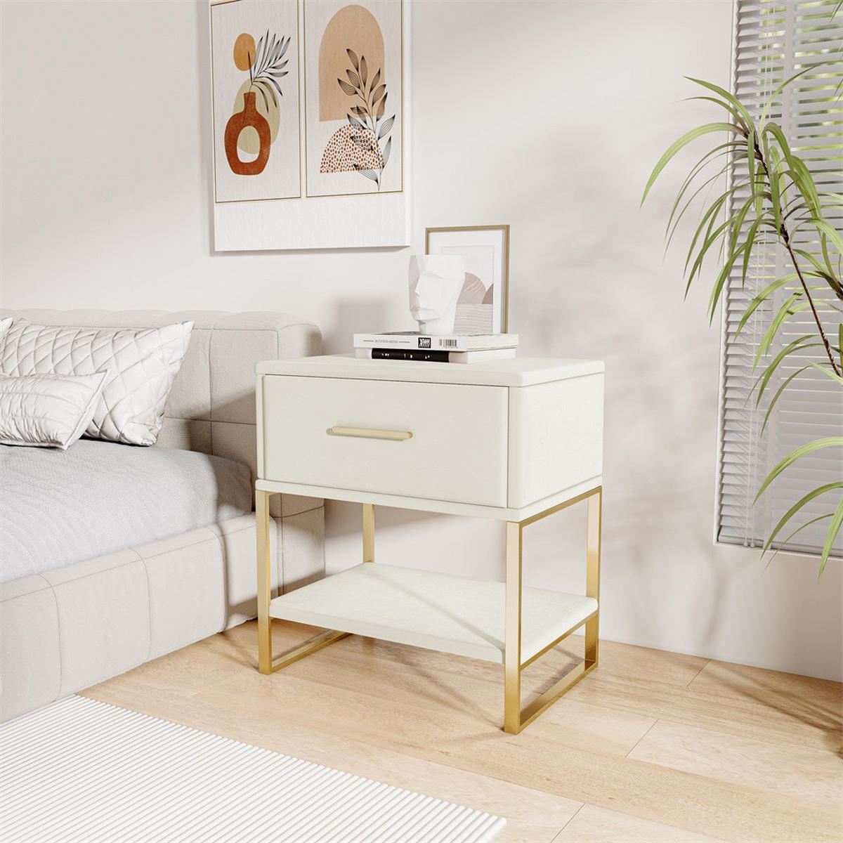 NACHTTISCH mit 1 Schublade & Offenem Fach - Nachtkommode Samtbezug & goldenes Metallgestell - 2er Set - Beige - Weiß, Textil (40/50/31cm) - DELFA