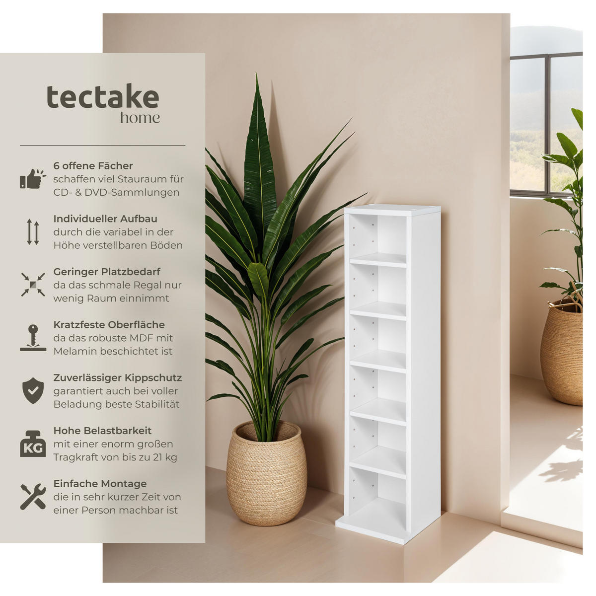 CD/DVD Regal Juliane,90 x 21 x 20 cm,weiß - Weiß, Holz (21/90/20cm) - tectake