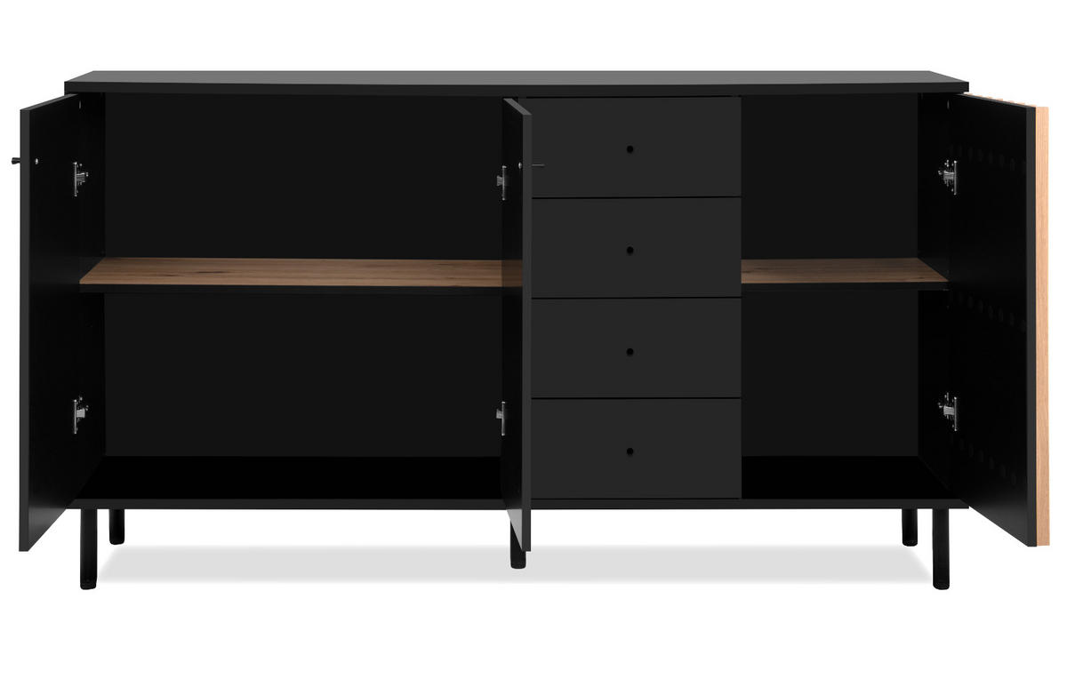 SIDEBOARD schwarz, Eiche Artisan 160 cm, Kommode mit viel Stauraum - Schwarz/Eiche Artisan, Holzwerkstoff/Metall (160/90/40cm) - Furn.Design