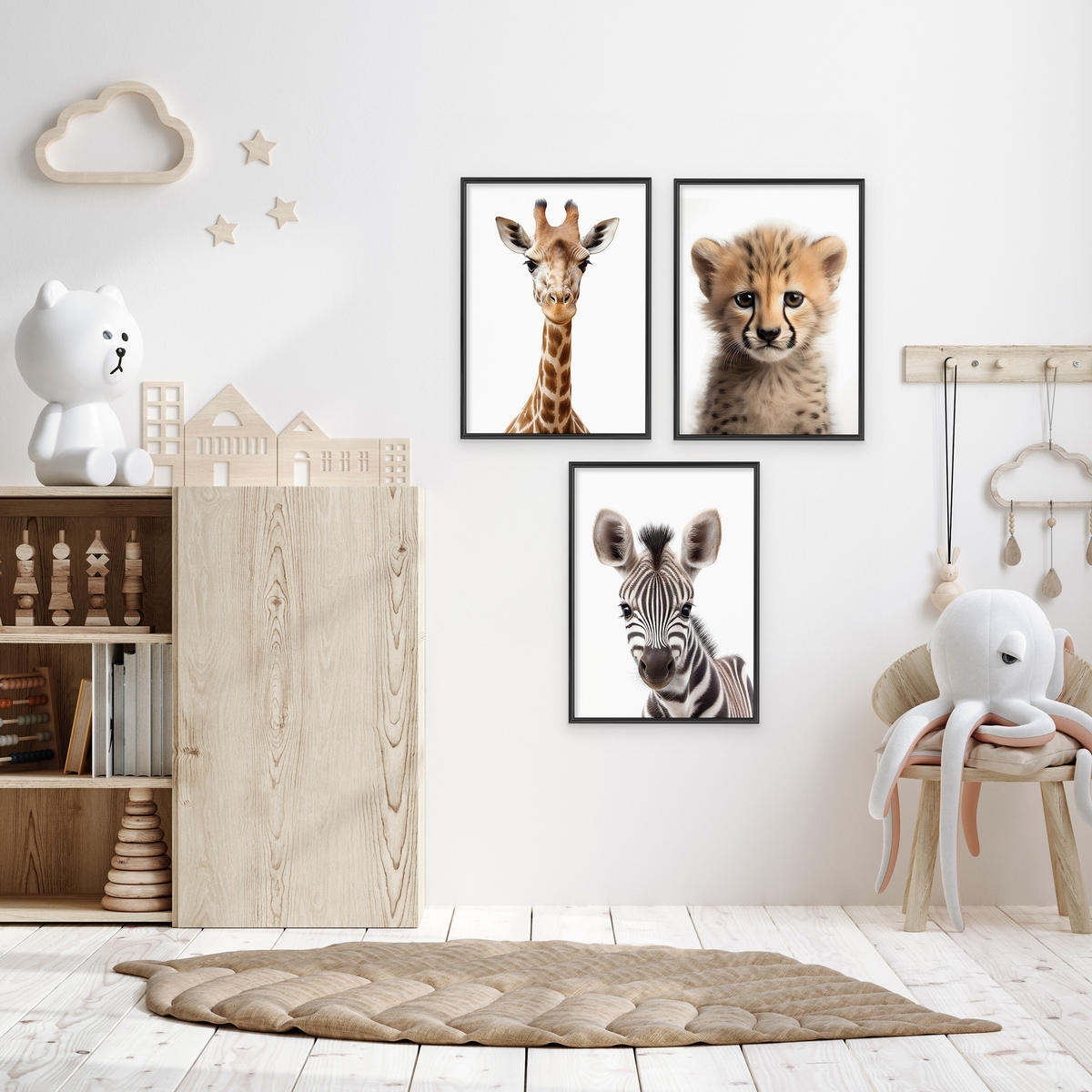 POSTER SET ohne Rahmen für Kinderzimmer WILDTIERE Giraffe Gepard Zebra A4 21x30cm - Gelb/Schwarz, Papier (21/30/1cm) - Muralo