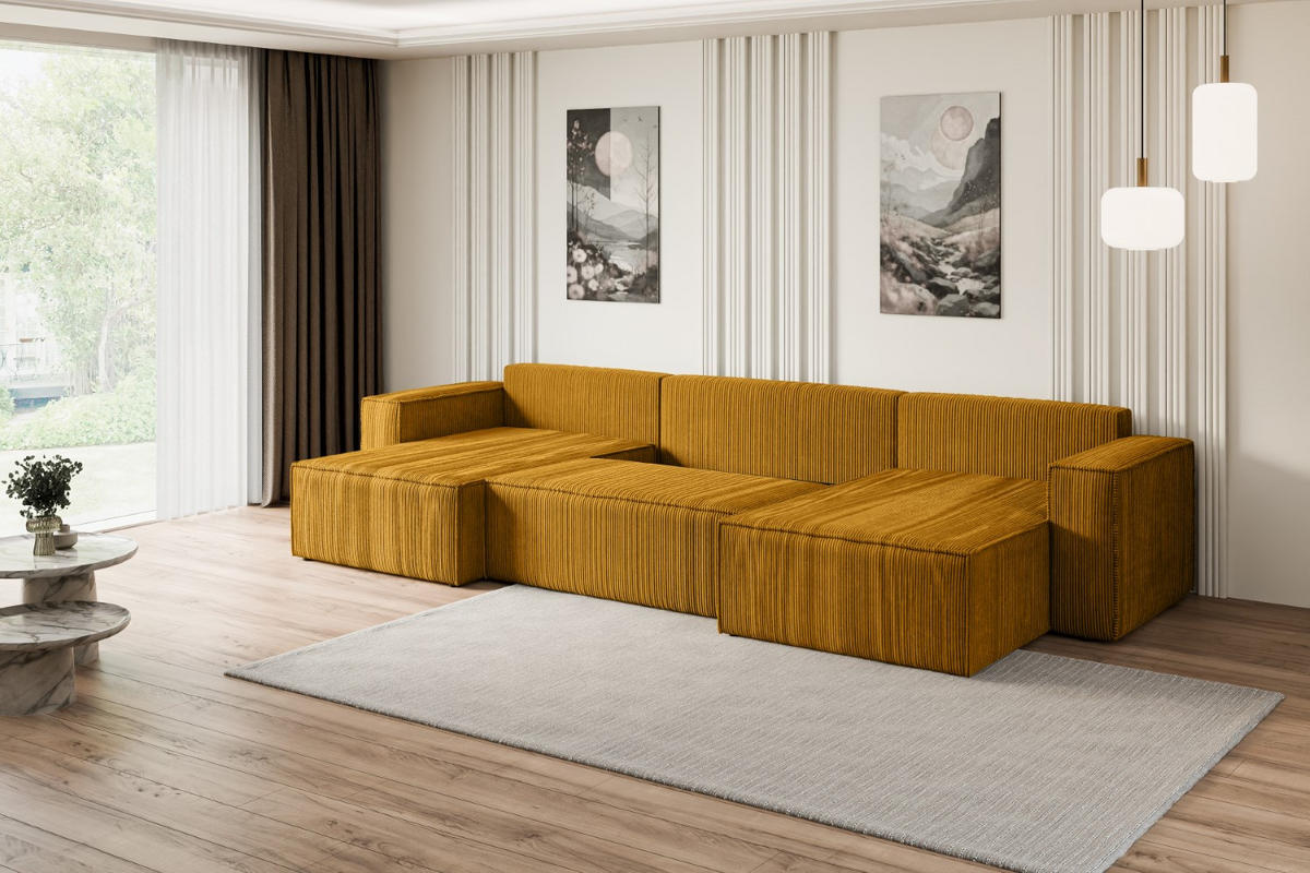 WOHNLANDSCHAFT mit Schlaffunktion und Bettkasten CELTIC-XLU - 377x143x83 cm Senfgelb Cord - Gelb/Schwarz, Holzwerkstoff/Kunststoff (377/83/143cm) - ALTDECOR