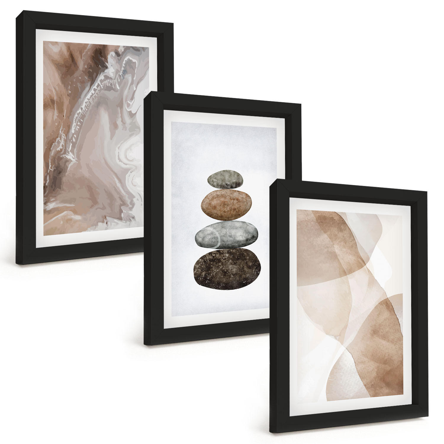 BILDER SET 3er Set - 20x30 cm Schwarzer Rahmen - Abstrakte Pastellformen - Schwarz, Kunststoff (20/30cm) - TULUP