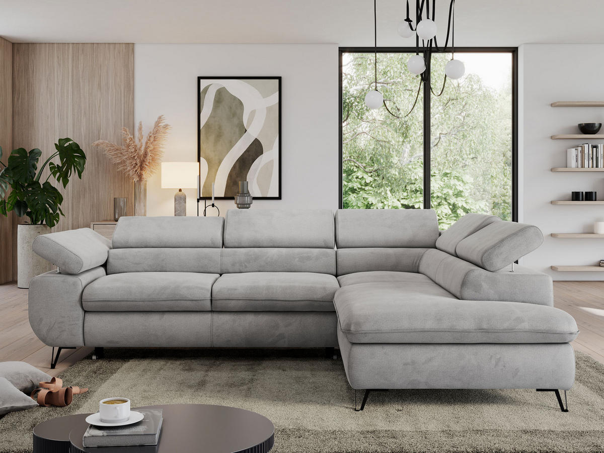 ECKSOFA PEDRO L Hellgrau Velvet - Rechts Seite - Hellgrau/Schwarz, Textil/Metall (273/208cm) - MKS