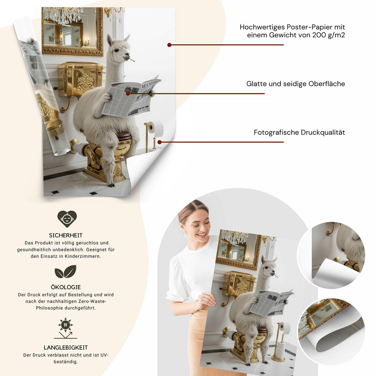 POSTER für Badezimmer WC LAMA mit Zeitung auf Toilette Glamour Abstraktion 50x70cm - Gelb/Beige, Papier (50/70/70cm) - Muralo