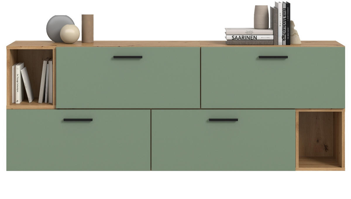 SIDEBOARD grün, Eiche Artisan 176 cm, Kommode hängend / stehend - Schwarz/Eiche Artisan, Holzwerkstoff/Kunststoff (176/65/34cm) - Inn.Furn