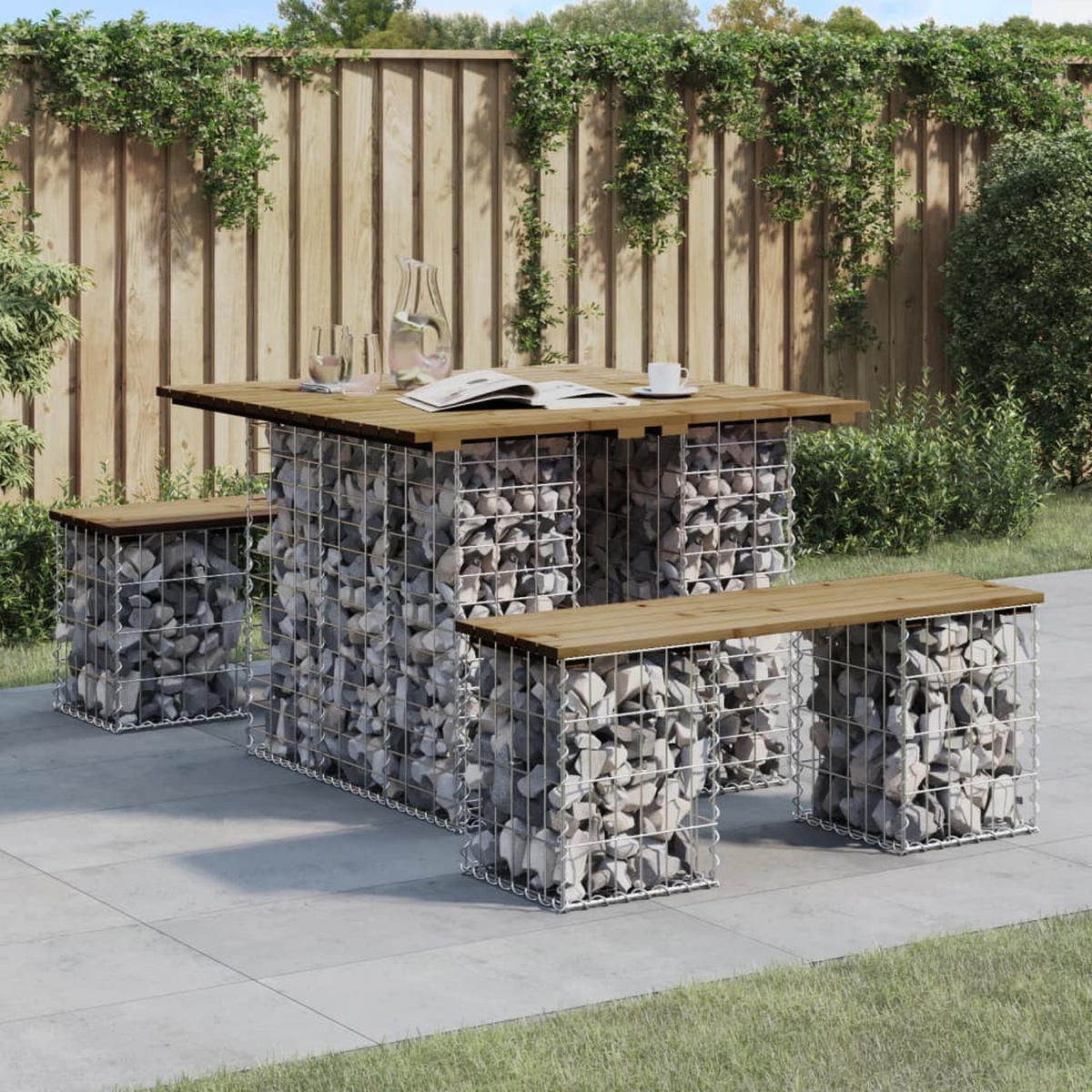 GARTENBANK Gabionen TELLE 100x102x72 cm Kiefernholz Braun, 30 cm Gabionenbreite - Silberfarben, Metall (100/72/102cm) - DELUKE