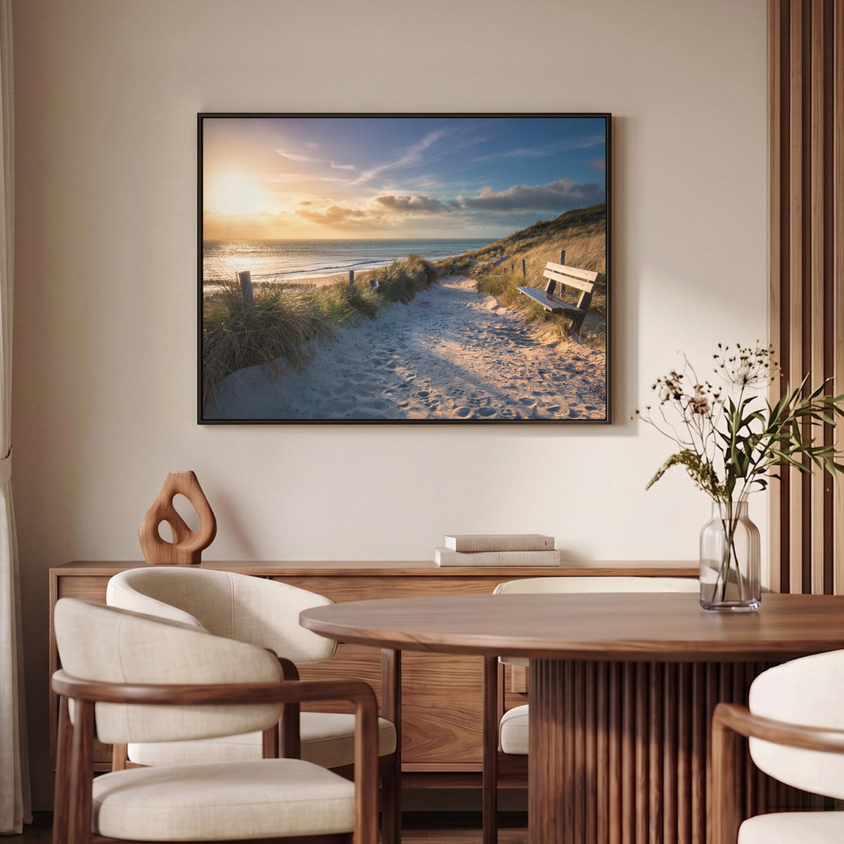 LEINWAND Bilder mit Rahmen - Sonnenuntergang - Strand - Düne - Gras - Ufer - 100x70 - Sandfarben, Textil (100/70cm) - MuchoWow