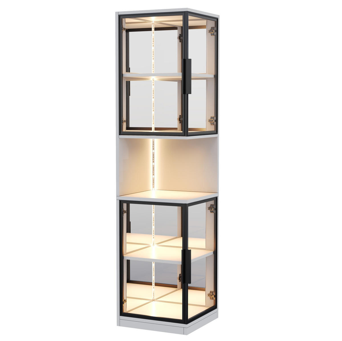 HIGHBOARD mit LED-Beleuchtung 42/44/205 cm – mit 2 Glastüren und Spiegelfront - Weiß, Holzwerkstoff (42/205/44cm) - BEAOK