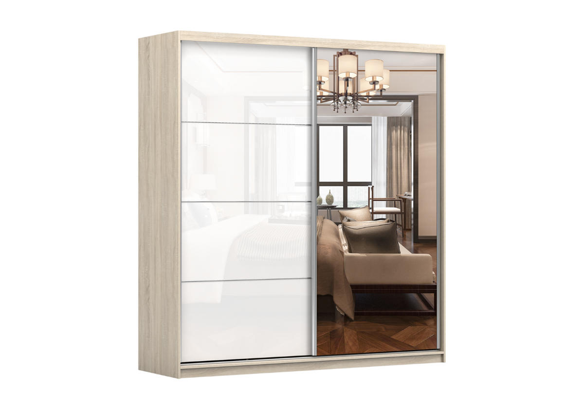 SCHWEBETÜRENSCHRANK 203/218/61 cm 2-türig Pola 35 Sonoma Eiche/Weiß Semigloss - Weiß Hochglanz/Alufarben, Glas/Holzwerkstoff (203/218/61cm)