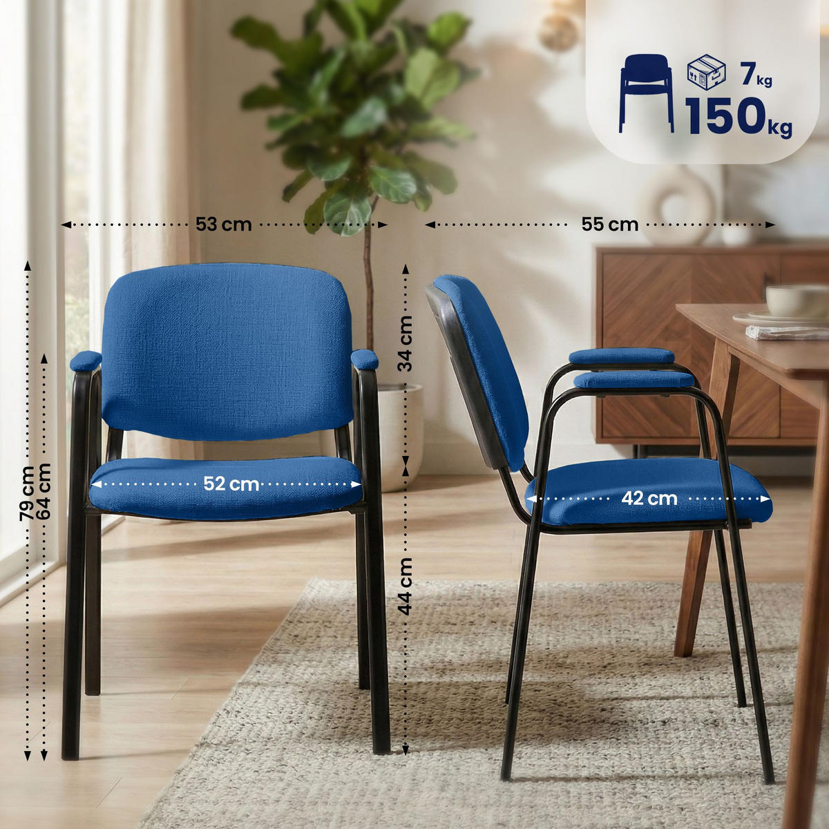 BESUCHERSTUHL 4er Set Stoff blau - Blau/Schwarz, Textil/Metall (53/79/55cm) - CLP