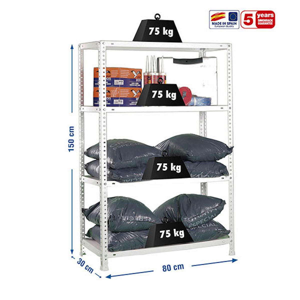 SCHRAUBREGAL PANDA MID | HxBxT 150x80x30cm | 4 Fachböden | Fachlast 75kg | Weiß - Weiß, Metall (80/150/30cm) - PROREGAL