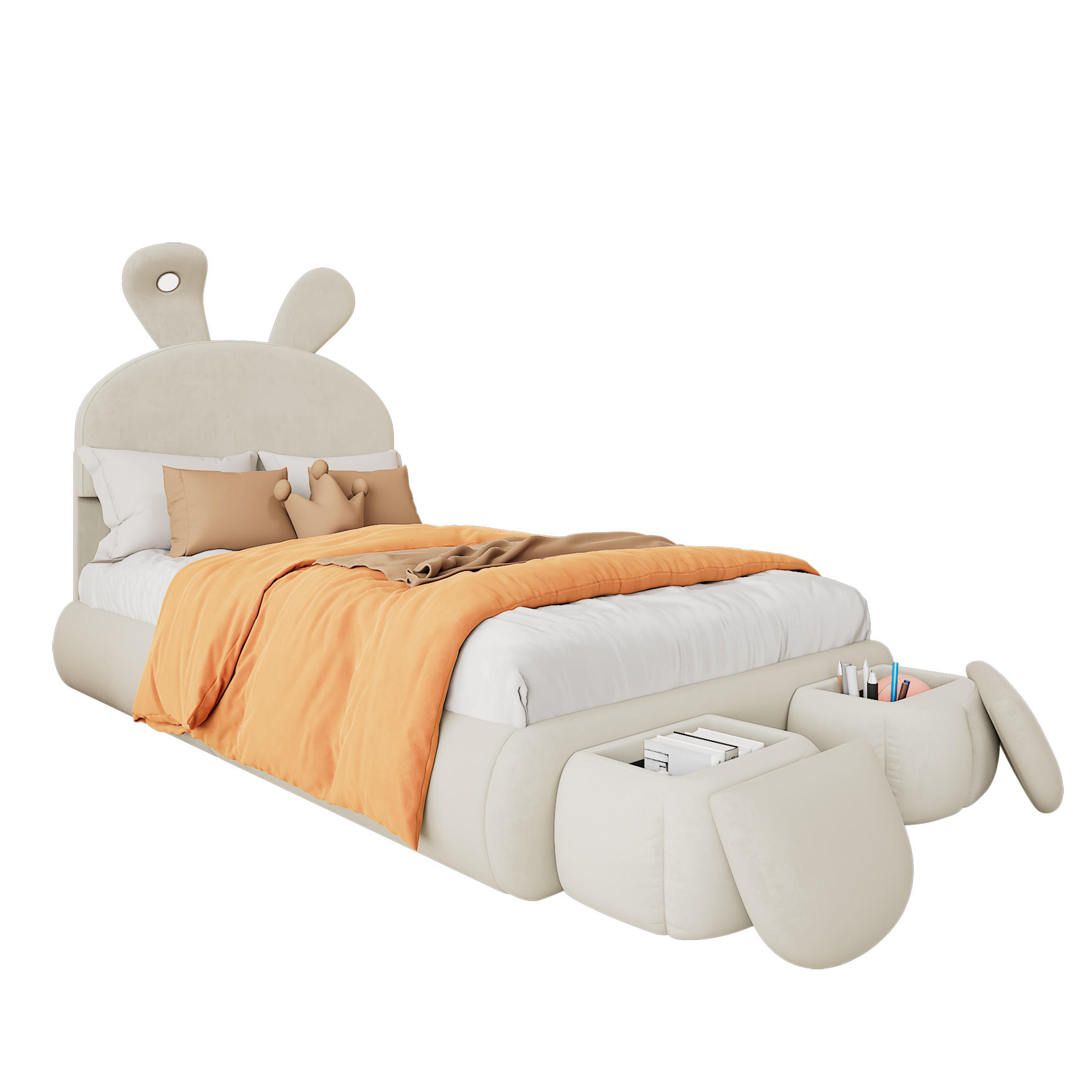 POLSTERBETT 90/200 cm Beige aus Samt mit LED-Beleuchtung und 2 Aufbewahrungshockern - Beige, Textil (90/200cm) - Flora Grace