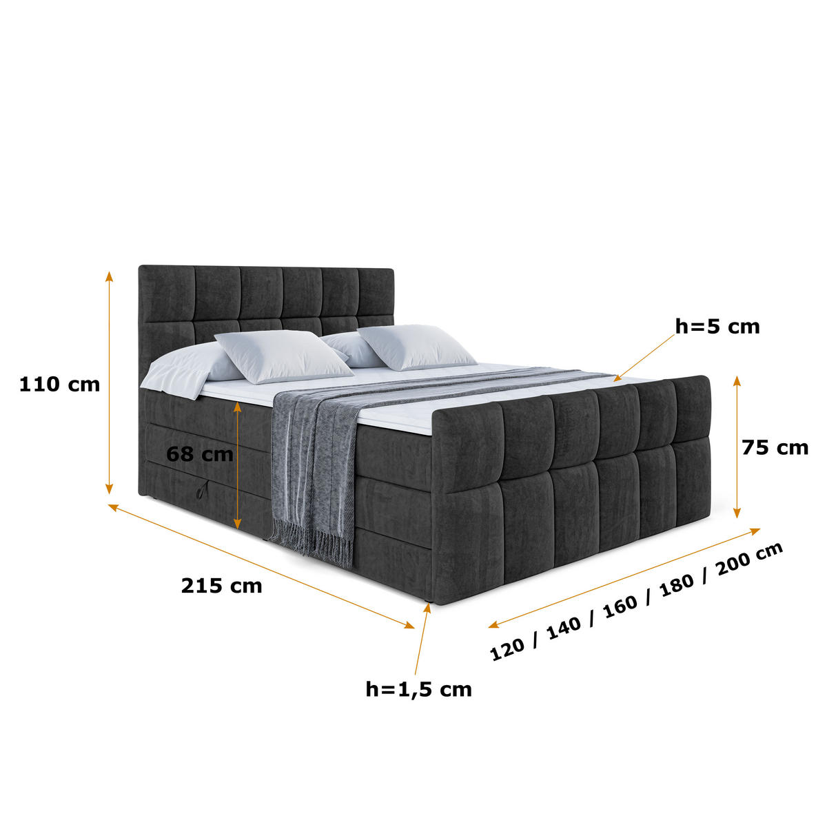 BOXSPRINGBETT RICAR-Z KING - 200 x 200 - H3/H4 - Schwarz - Schwarz, Holzwerkstoff (200/200cm) - ALTDECOR