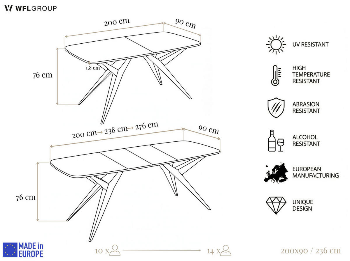 ESSTISCH Trax ausziehbar rechteckig oval, Beton-Optik Dunkelgrau 200-280/90/76 - Dunkelgrau/Schwarz, Holzwerkstoff/Metall (200/90/76cm) - WFL GROUP