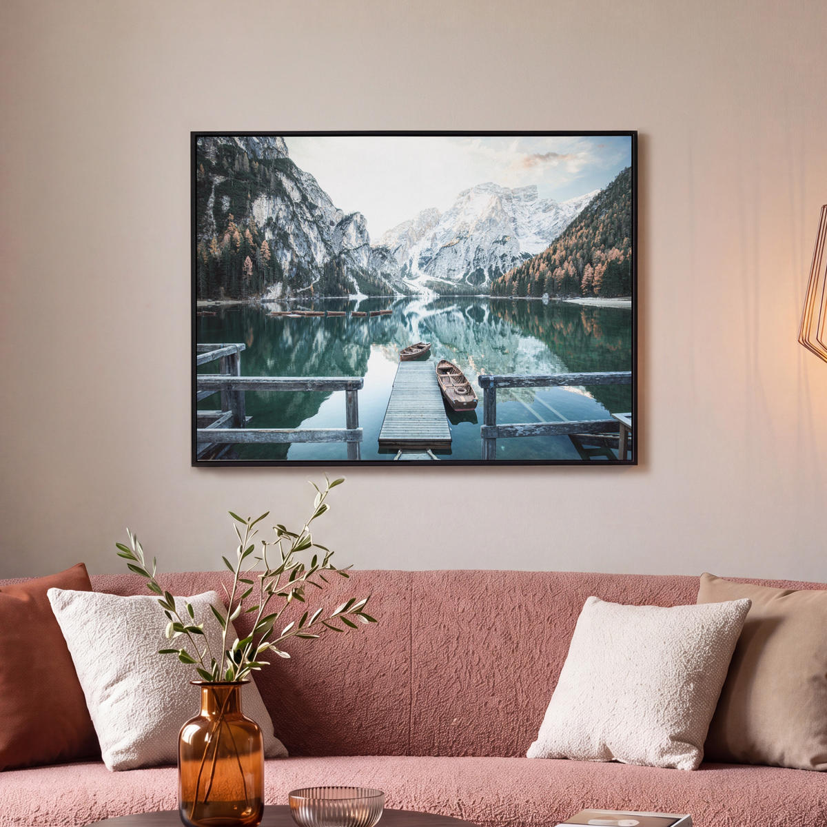 LEINWAND Bilder mit Rahmen - Natur - Berge - Schnee - Wald - Boot - 80x60 - Hellgrün, Textil (80/60cm) - MuchoWow