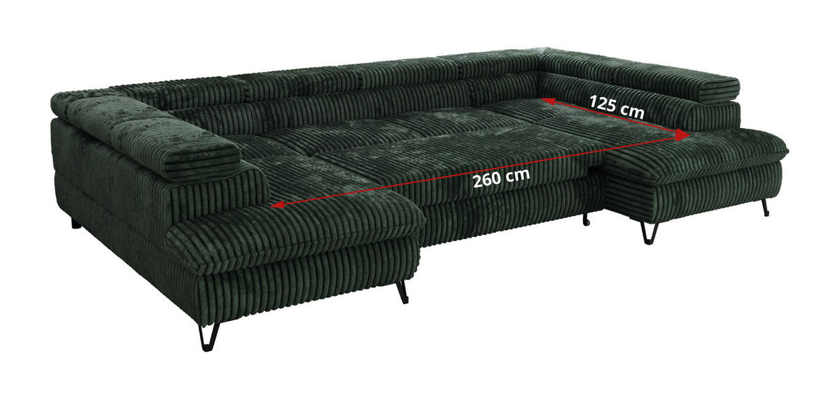 WOHNLANDSCHAFT PABLO U Cord Dunkelgrün mit Topper T25 - Schwarz/Grün, Textil/Metall (346/76/208cm) - MKS