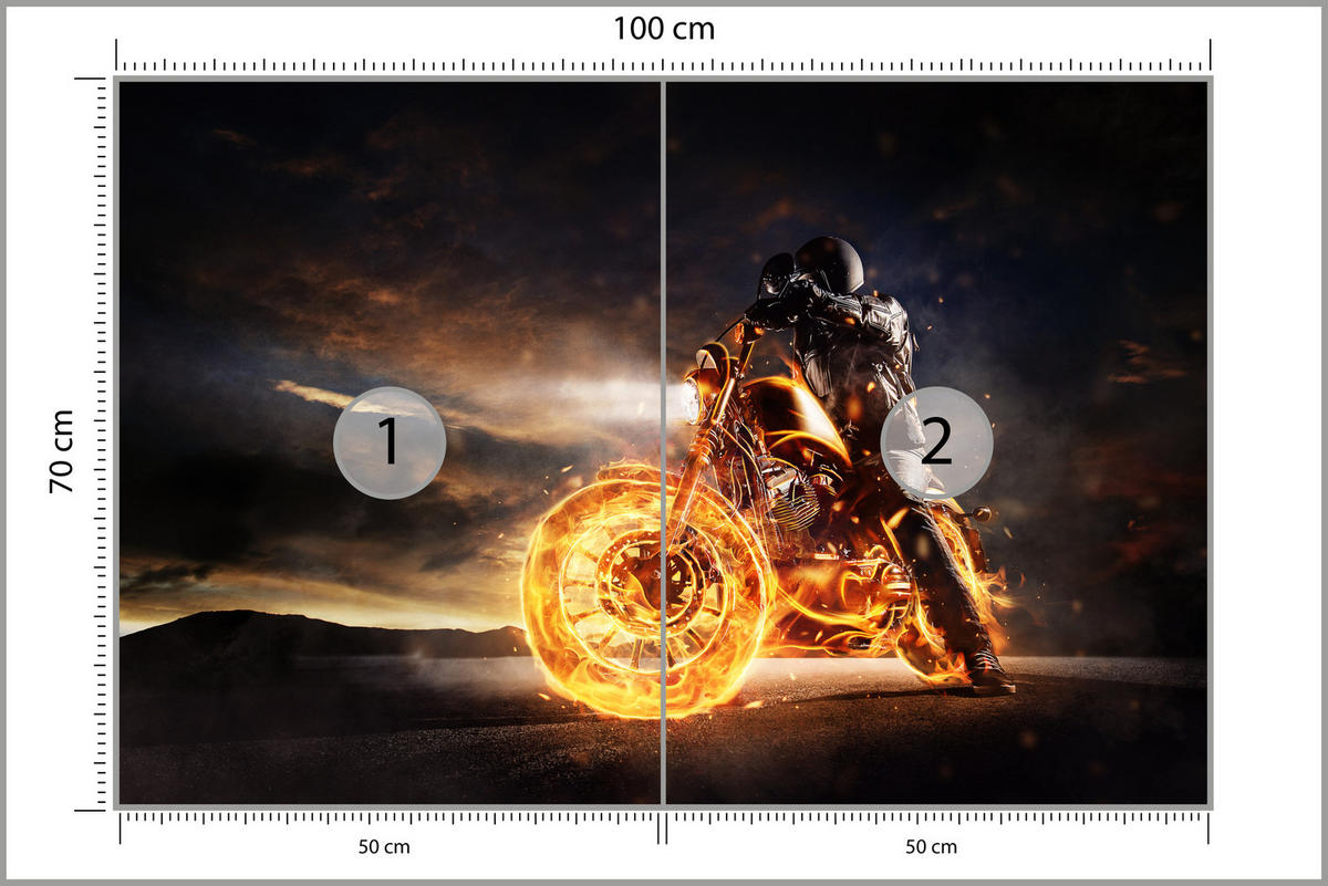 FOTOTAPETE für Jugendzimmer Mann Brennenden Motorrad Sport Nacht 100x70 - Schwarz/Orange, Papier (100/70cm) - Muralo