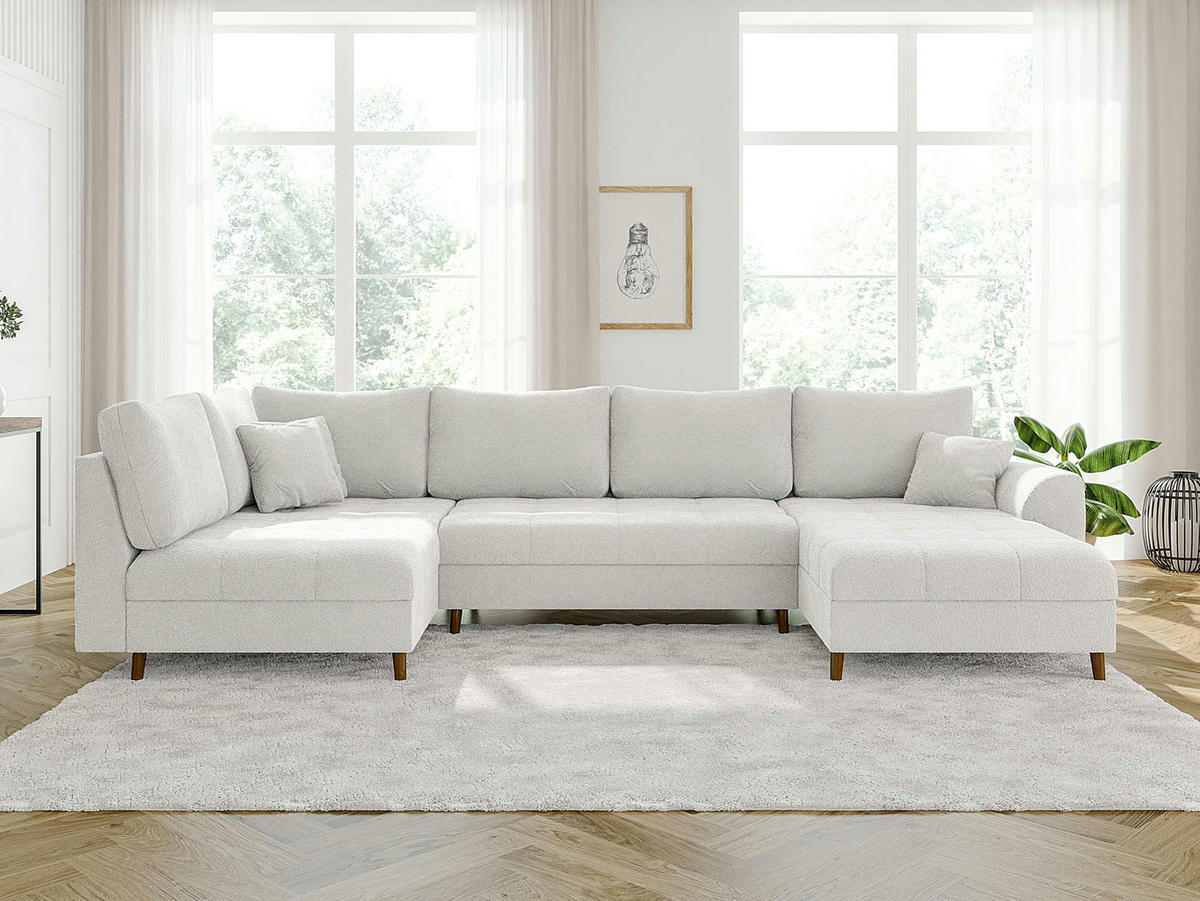WOHNLANDSCHAFT inkl. Hocker Henrik Weiß Boucle - Weiß/Braun, Holz/Textil (310/81/161cm) - S-Style Möbel