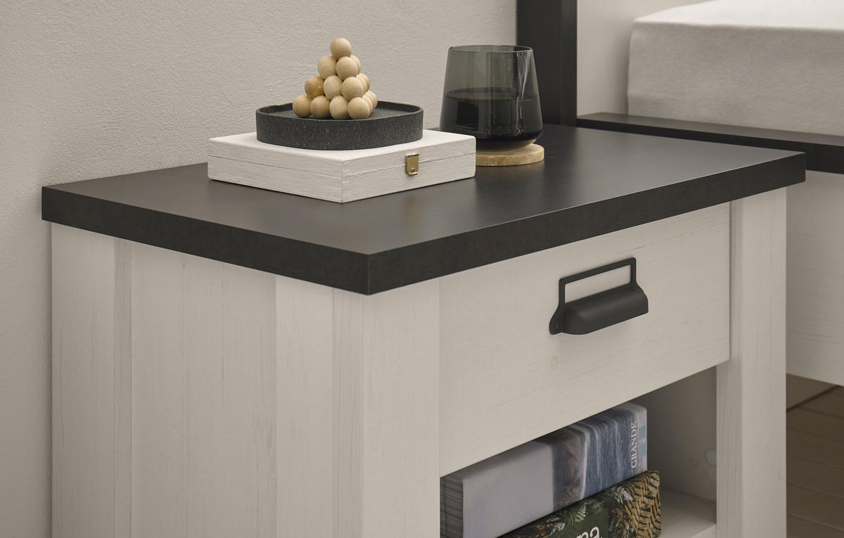 NACHTTISCH weiß Pinie, anthrazit, Landhaus Nachtkommode mit Schubkasten in Komforthöhe - Anthrazit/Weiß, Holzwerkstoff/Metall (60/61/39cm) - Furn.Design